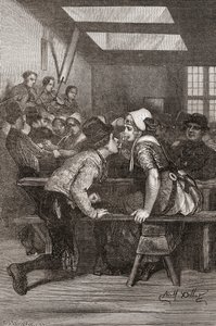 Mladý muž drží v zubech sklenici, aby ji mohl pít pro svého milence, Zeeland, Nizozemsko, ilustrace ze „Světa v rukou“, vyrytý Charlesem Laplantem († 1903), vydáno 1878 (gravi